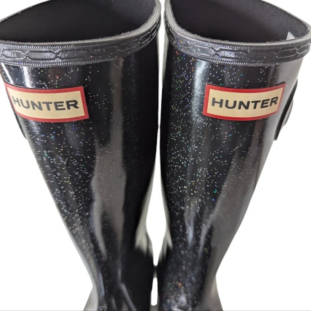 Hunter Girls Original Tall Rain Boots Starcloud Glitter Black Big Kids Size 5